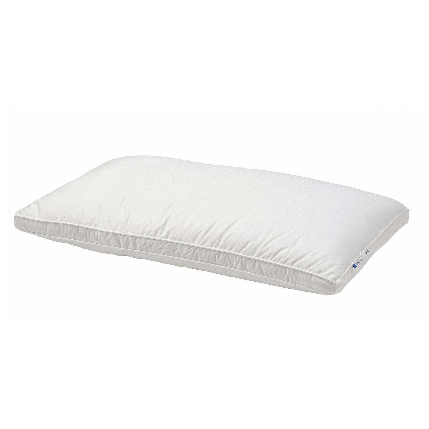 A white BERGVEN pillow. Its rectangular, filled with down and feathers, and has double-stitched edges for a full look.