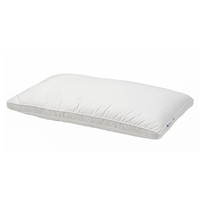 A white BERGVEN pillow. Its rectangular, filled with down and feathers, and has double-stitched edges for a full look.