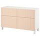 White BESTÅ cabinet with wooden slats, light wooden front, modern sideboard.
