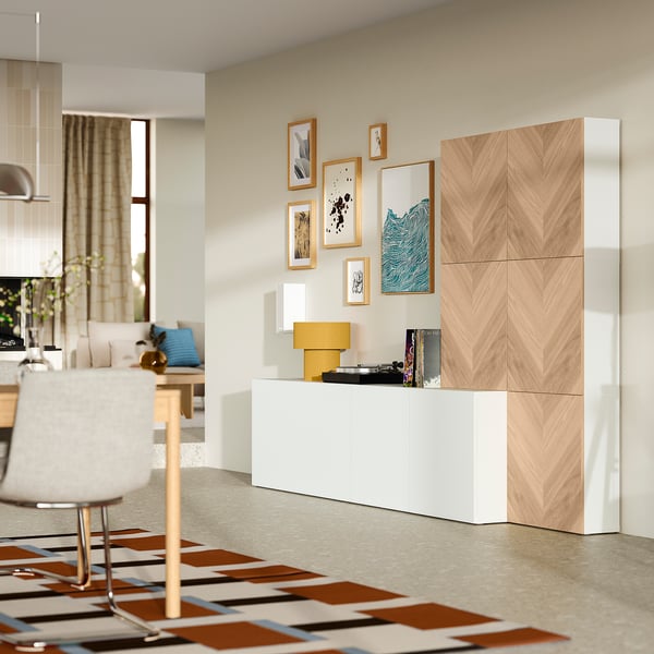 BESTÅ Storage combination with doors, white Lappviken/Hedeviken oak, 118 1/8x16 1/2x76 "