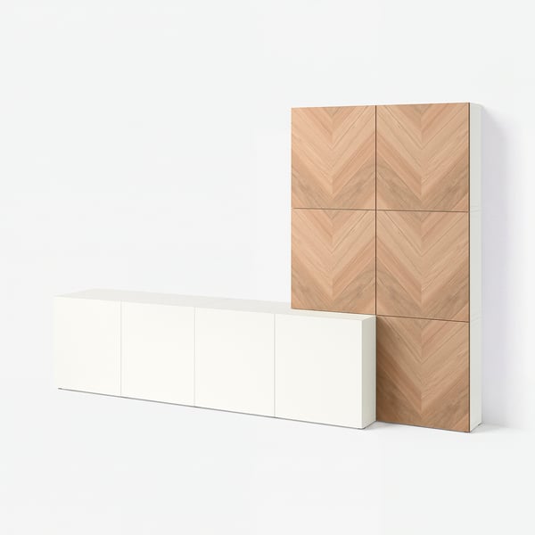 BESTÅ Storage combination with doors, white Lappviken/Hedeviken oak, 118 1/8x16 1/2x76 "