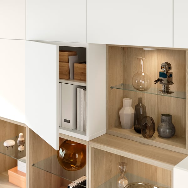 BESTÅ Storage combination with doors, white stained oak/Lappviken white, 94 1/2x16 1/2x91 "