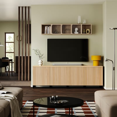 BESTÅ TV bench with doors, black-brown/Björköviken/Stubbarp oak veneer, 94 1/2x16 1/2x29 7/8 "