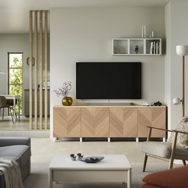 BESTÅ TV bench with doors, white/Hedeviken/Stubbarp oak veneer, 94 1/2x16 1/2x29 7/8 "