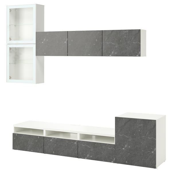 Grey BESTÅ tv unit: 2 wall cabinets, 1 long bench, 1 side cabinet. Sleek design.