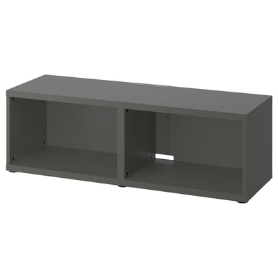 Dark grey rectangular tv stand, open with adjustable feet, minimalist design.