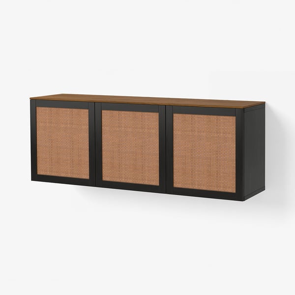 BESTÅ Wall-mounted cabinet combination, black-brown Studsviken/dark-brown woven poplar, 70 7/8x16 1/2x26 "