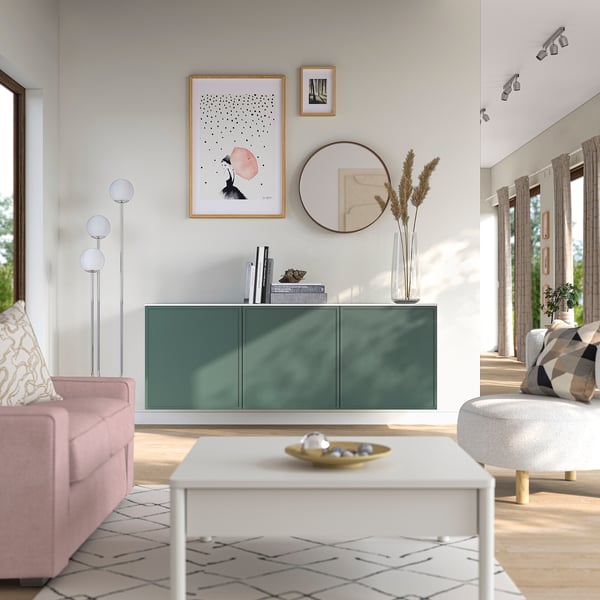 BESTÅ Wall-mounted cabinet combination, white Krukmakare/dark gray-green high-gloss white, 70 7/8x16 1/2x25 5/8 "