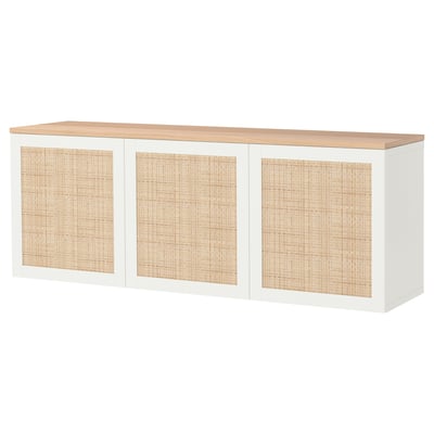 BESTÅ Wall-mounted cabinet combination, white Studsviken/white woven poplar, 70 7/8x16 1/2x26 "