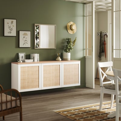 BESTÅ Wall-mounted cabinet combination, white Studsviken/white woven poplar, 70 7/8x16 1/2x26 "