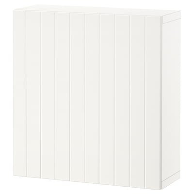 BESTÅ white storage unit. Modern, rectangular, panel design. Made from particleboard and fiberboard. Versatile, organises home items.