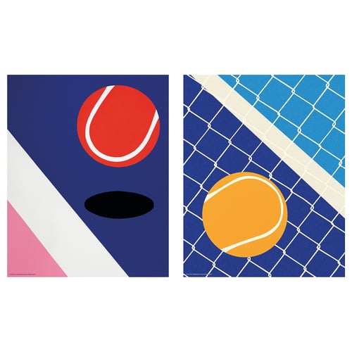 Two colourful tennis posters: red/blue, yellow/net.