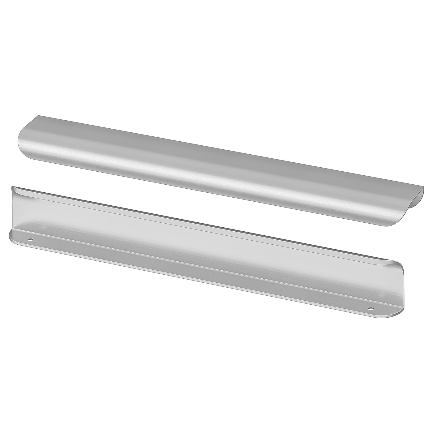 Modern aluminium kitchen handles, silver, rectangular shape, minimalist design.