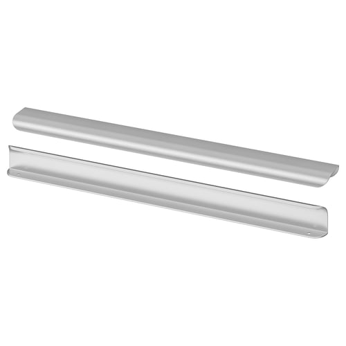 Two silver, elongated aluminium handles with rounded edges, lying side by side.