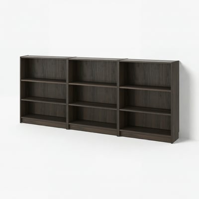 A BILLY bookshelf. It is dark brown, rectangular, and has multiple empty shelves for storage.