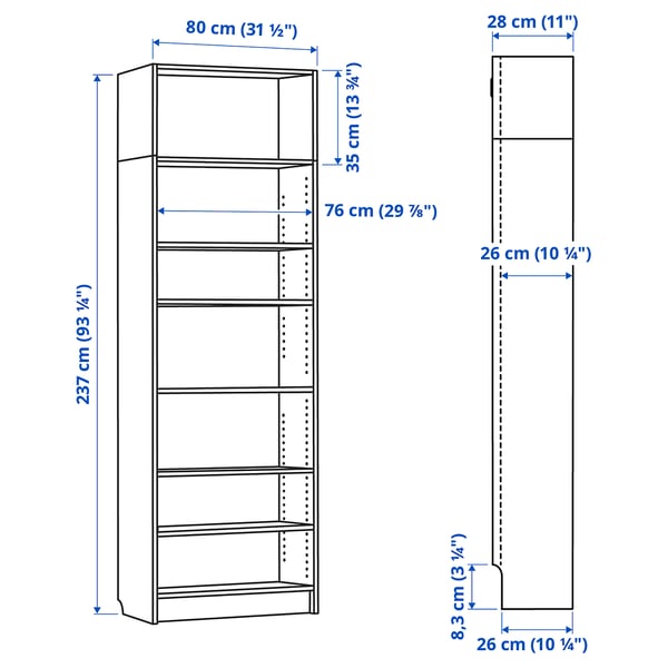 Illustration with measurements for the product: BILLY.