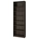 Dark brown wooden bookshelf with seven empty shelves, standing alone against white background.