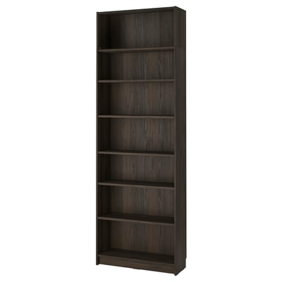 Dark brown wooden bookshelf with seven empty shelves, standing alone against white background.