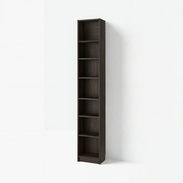 A BILLY bookshelf in dark brown. It is tall and narrow with multiple empty shelves.