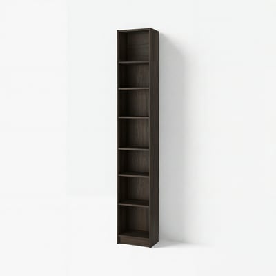 A BILLY bookshelf in dark brown. It is tall and narrow with multiple empty shelves.