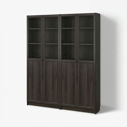 Dark brown BILLY bookcase with glass doors, featuring wood grain texture, rectangular shape, and four compartments.