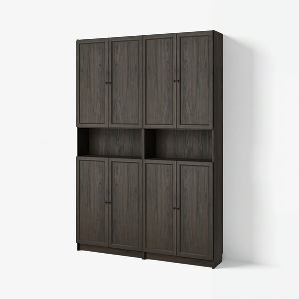 BILLY / OXBERG Bookcase+height extension & doors, dark-brown oak effect, 63x11 3/4x93 1/4 "