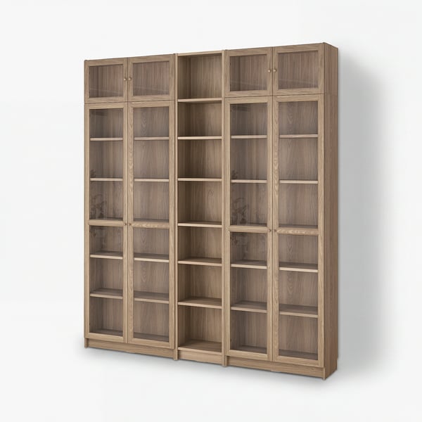 IKEA BILLY bookshelf, light brown, wood grain, rectangular, four glass doors.