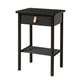 BJÖRKSNÄS black side table with single drawer and metal shelf, featuring a smooth pull and solid birch construction, offering a classic design.