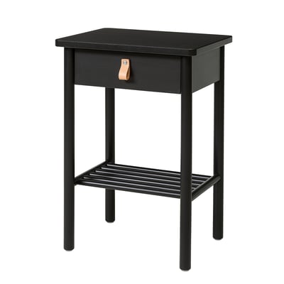 BJÖRKSNÄS black side table with single drawer and metal shelf, featuring a smooth pull and solid birch construction, offering a classic design.