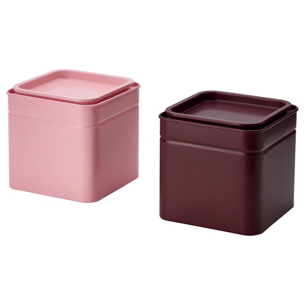 BLOMNING Tin with lid, brown-red/pink for coffee/tea, 4x4x4 "