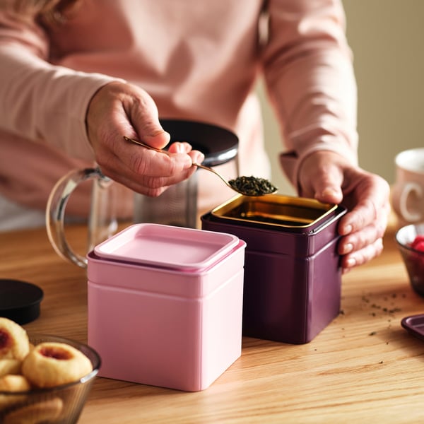 BLOMNING Tin with lid, brown-red/pink for coffee/tea, 4x4x4 "