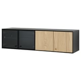 A dark grey and light wood wall shelf with glass and wooden doors. Modern, rectangular, and sleek design.
