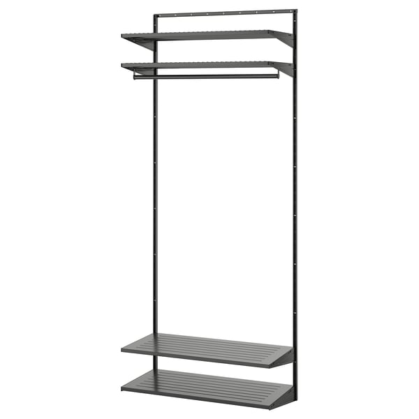 BOAXEL grey metal wall storage: three shelves, hanging rod, modern design.