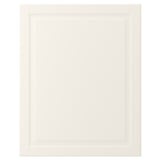 A cream-colored, rectangular cabinet door with a bevelled panel design. It is made from fiberboard and lacquered for easy cleaning.