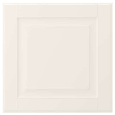 A white, square, smooth cabinet door with a classic, bevelled design. Made from fiberboard and polyester paint.