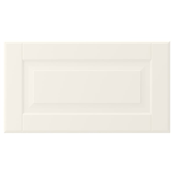 Off-white cabinet door with bevelled panels, lacquered finish, rectangular shape, classic design.