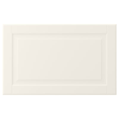 A BODBYN cabinet door in off-white with classic bevelled panels, made from fibreboard.