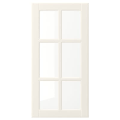 A BODBYN off-white kitchen cabinet door with a classic, bevelled design, featuring four square glass panels in a smooth, lacquered frame.