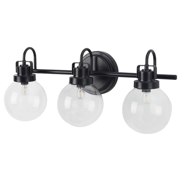 BOJREP: modern black wall lamp with 3 clear glass globe shades.