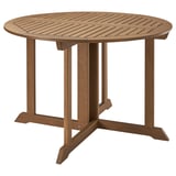 BONDHOLMEN: brown, round outdoor table made of durable eucalyptus wood, designed for socialising with plastic feet.
