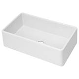 A white BOVIGGEN ceramic farmhouse sink with an apron front, designed for large items and easy cleaning.