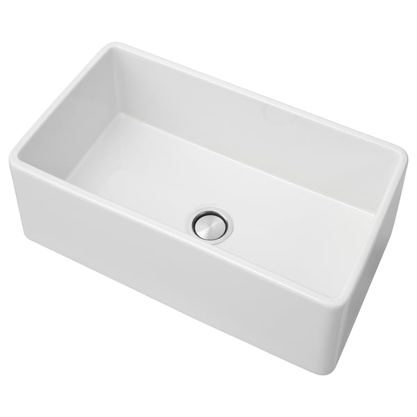 BOVIGGEN white farmhouse sink; ceramic, rectangular, single basin, front apron.