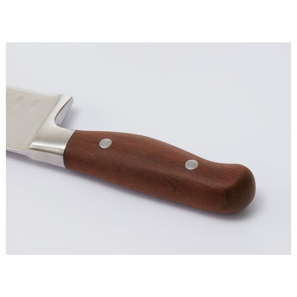 Knife with wooden handle and stainless steel blade, secured with rivets, showcasing quality craftsmanship.
