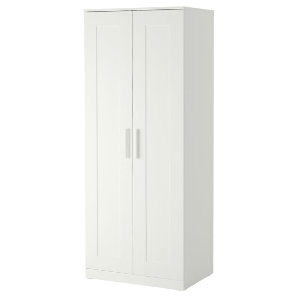 Depicts a white BRIMNES wardrobe, rectangular with double hinged doors, and a sleek modern design.
