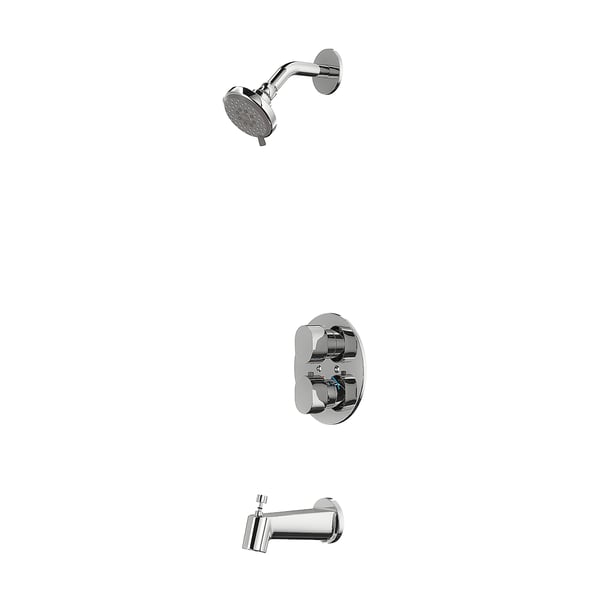 Chrome BROGRUND shower & tub tap set with shower head, control panel, and sleek tub spout.