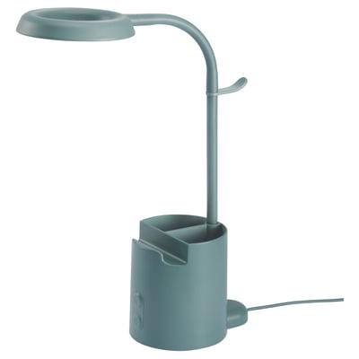 Green BRUNBÅGE lamp with usb-c, adjustable light, pen holder, phone stand.