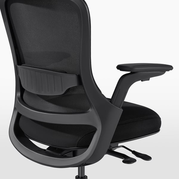 Black office chair with mesh back, adjustable armrests, and padded seat; designed for comfort and ergonomics.