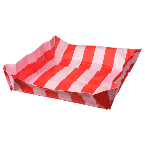 A red and white striped tent. The tent is square-shaped with a reflective material.