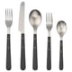 DOFTSKÖLD: modern black cutlery with gold accents. Includes fork, knife, spoon, and smaller utensils. Stainless steel, smooth handles.