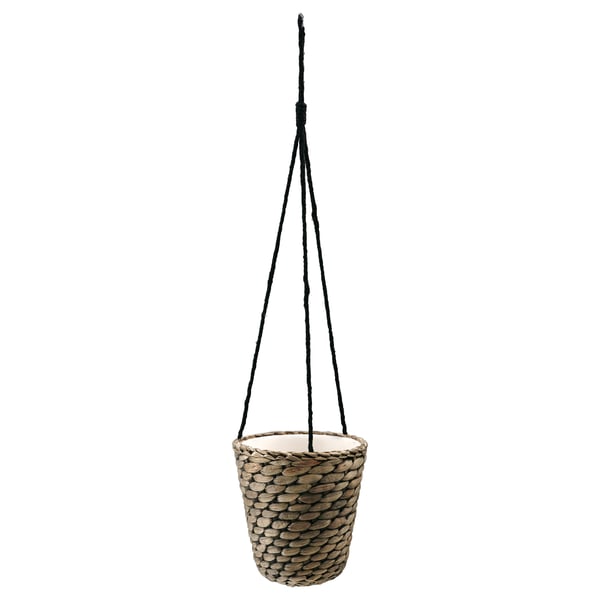 DRUVFLÄDER hanging plant basket, white, jute & water hyacinth, circular, handmade.